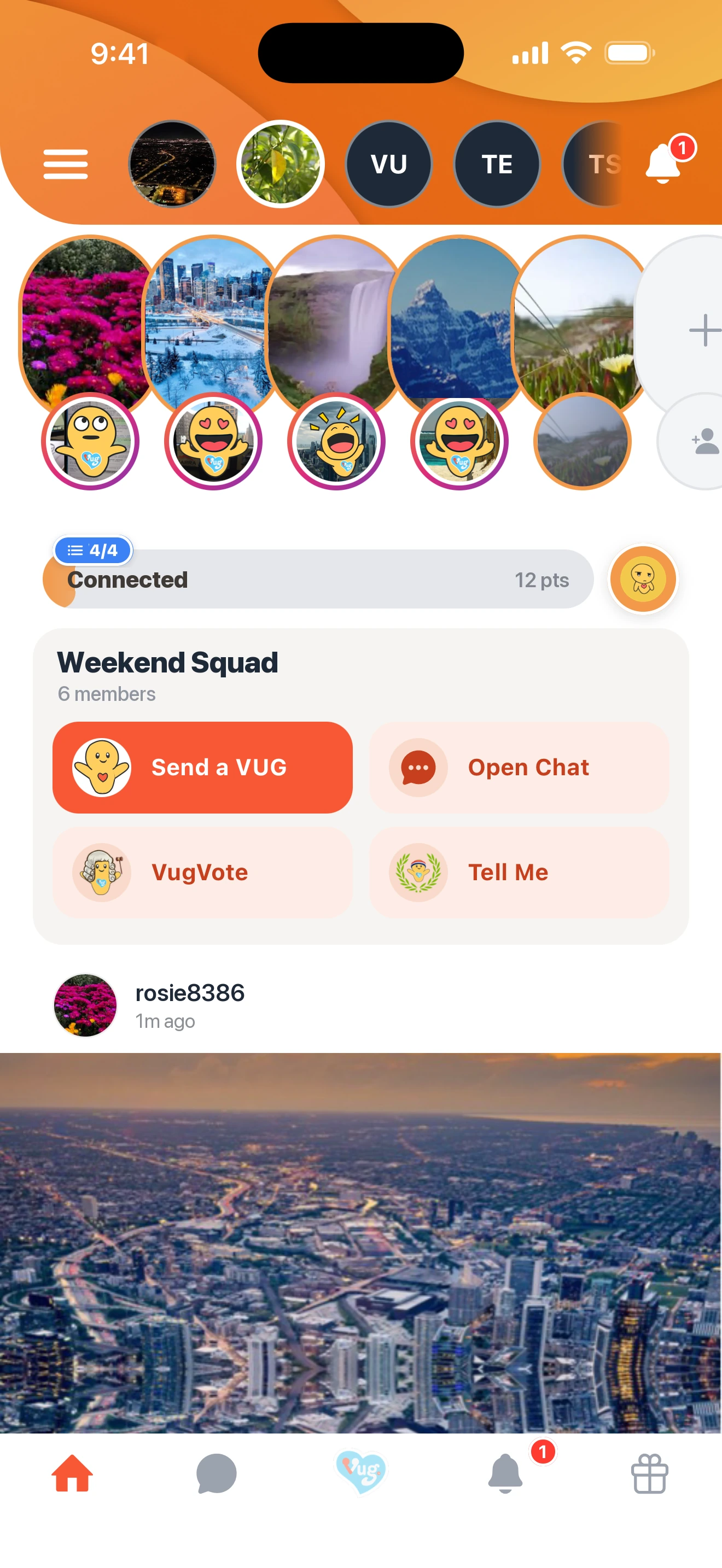 The VUG Social groups home screen on an iPhone