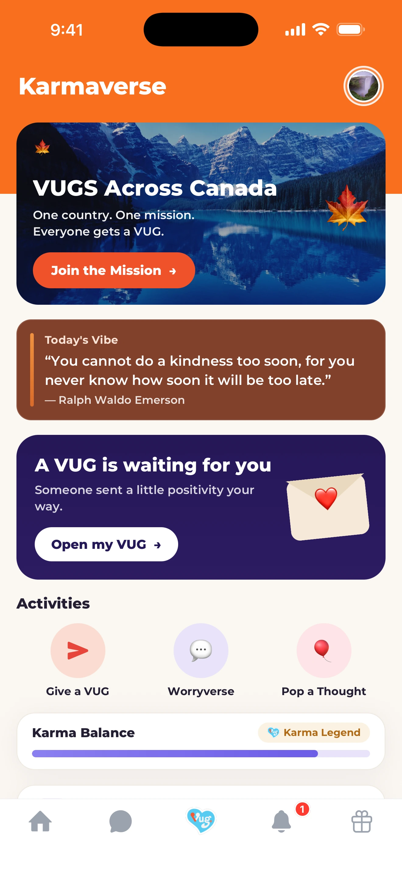 Karmaverse tab in the VUG Social app showing the VUGS Across Canada card